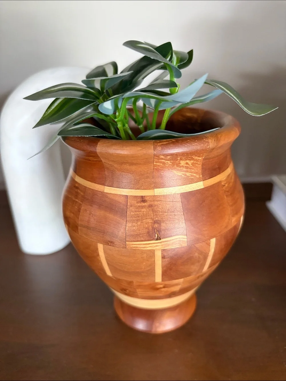 Beautifully Hand-turned Wood Vase with Faux Plant